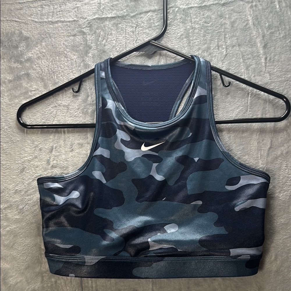 Nike Blue Camo Print Racerback Wet Look Sports Bra Size Medium
